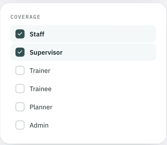 Zielgruppe: Staff und Supervisor ausgewählt; Trainer, Trainee, Planner und Admin nicht