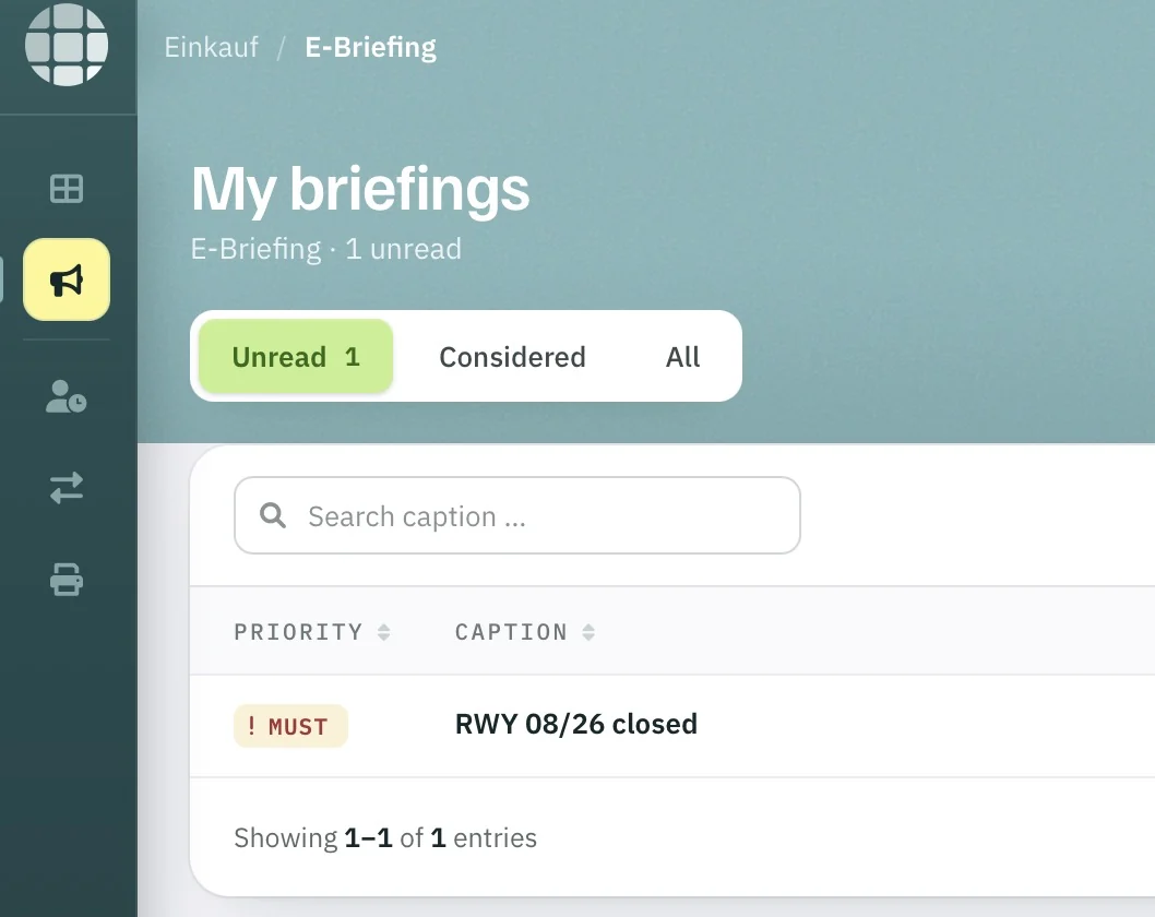 Meine Briefings: ein ungelesenes Briefing „RWY 08/26 closed“, Must