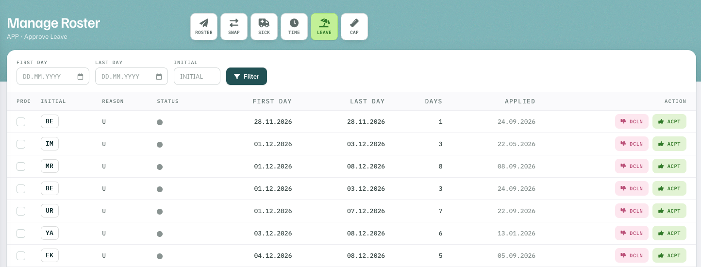 Manage Roster, Approve Leave: list of leave requests with first and last day, days, applied date and the actions decline and accept