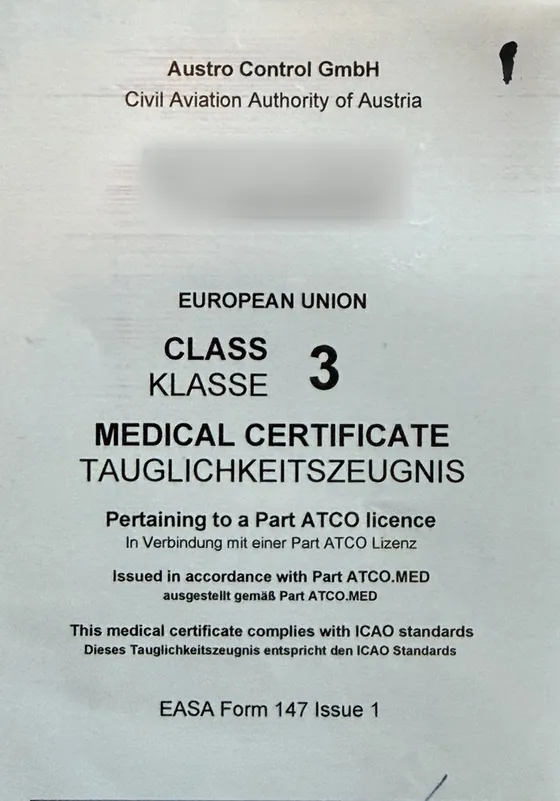 Tauglichkeitszeugnis Klasse 3 in Verbindung mit einer Part-ATCO-Lizenz, EASA Form 147