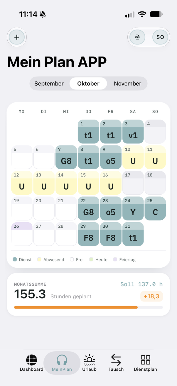 Mein Plan: month view with monthly total