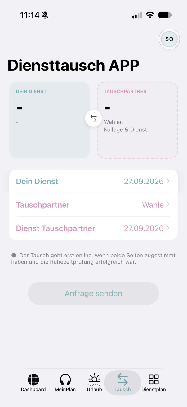 Shift swap: your shift, swap partner, send request
