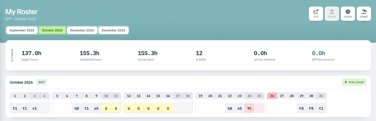 My Roster in the browser, APP, October 2026: target, scheduled and actual hours, number of shifts, published month with shifts and leave; buttons ICS, TRAIN, CLOCK and LEAVE