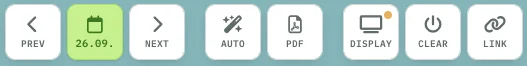 Werkzeugleiste des OPS-Plans: PREV, Datum, NEXT, AUTO, PDF, DISPLAY, CLEAR und LINK
