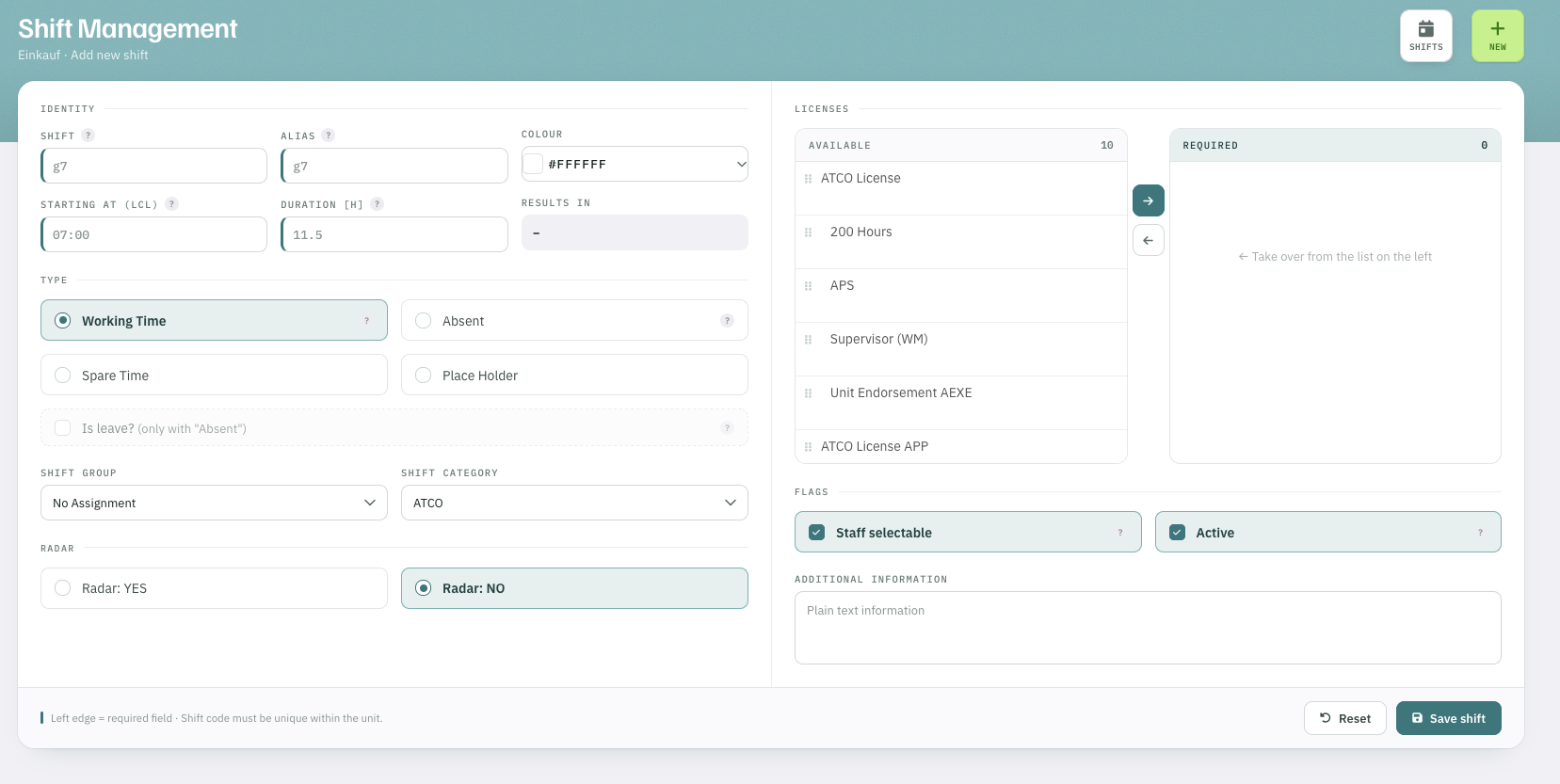Rostify shift management: licences required for a shift, start in local time, duration, radar or non-radar